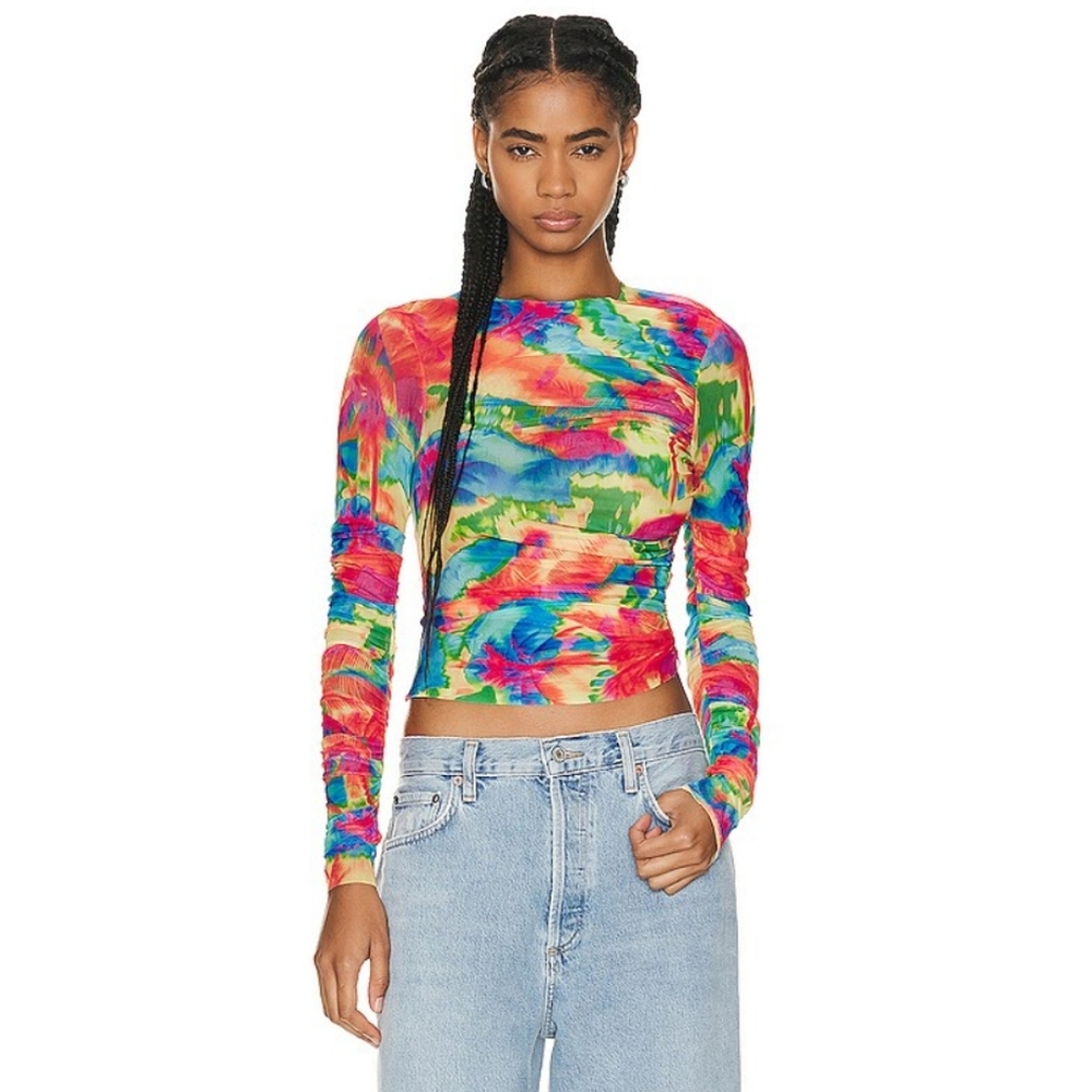 SER.O.YA Top Janey Multicolor Abstract Palm Printed Mesh Long-Sleeve Crop XS